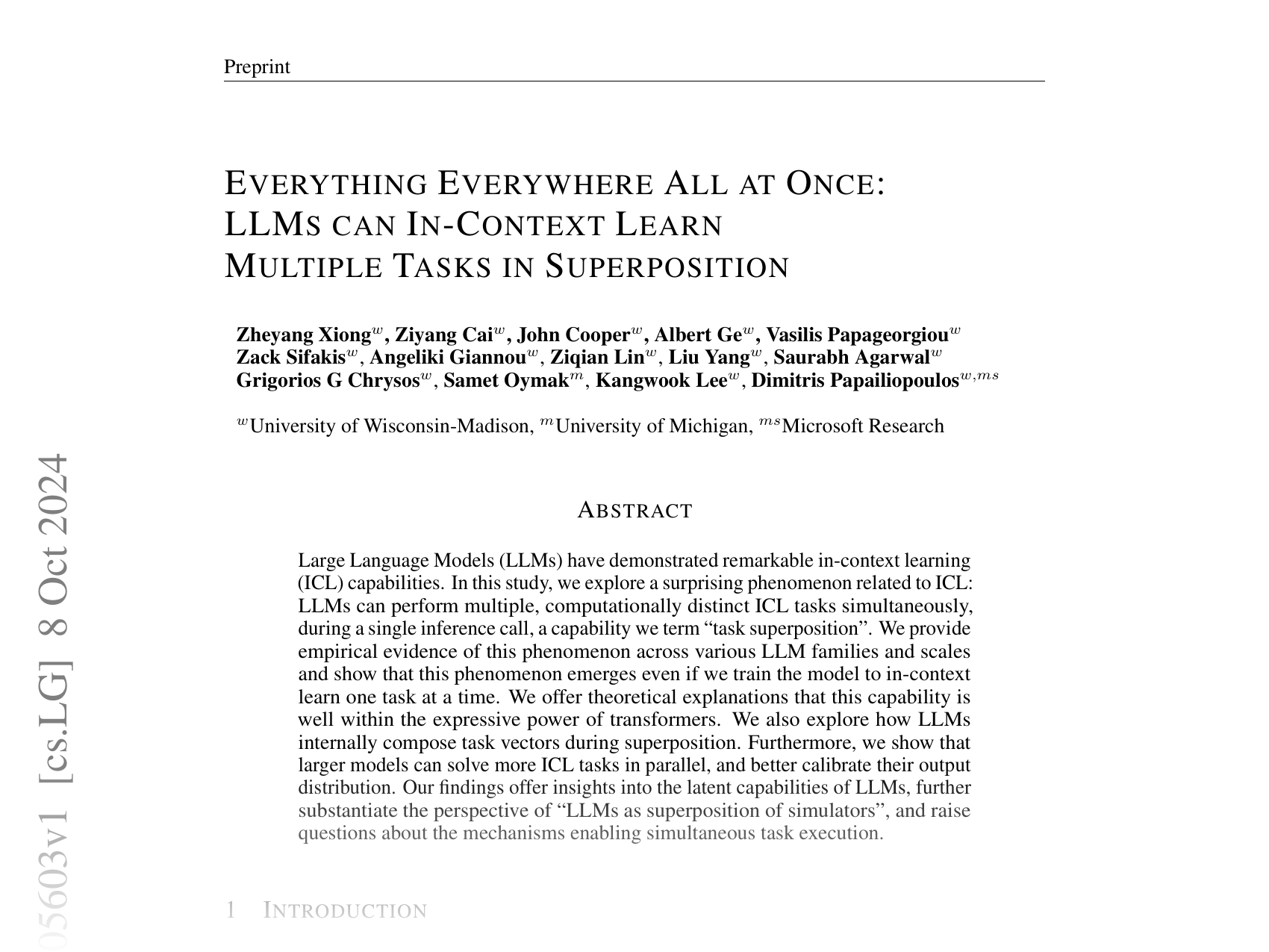 [EVERYTHING EVERYWHERE ALL AT ONCE: LLMS CAN IN-CONTEXT LEARN MULTIPLE TASKS IN SUPERPOSITION 🔗](https://arxiv.org/abs/2410.05603)