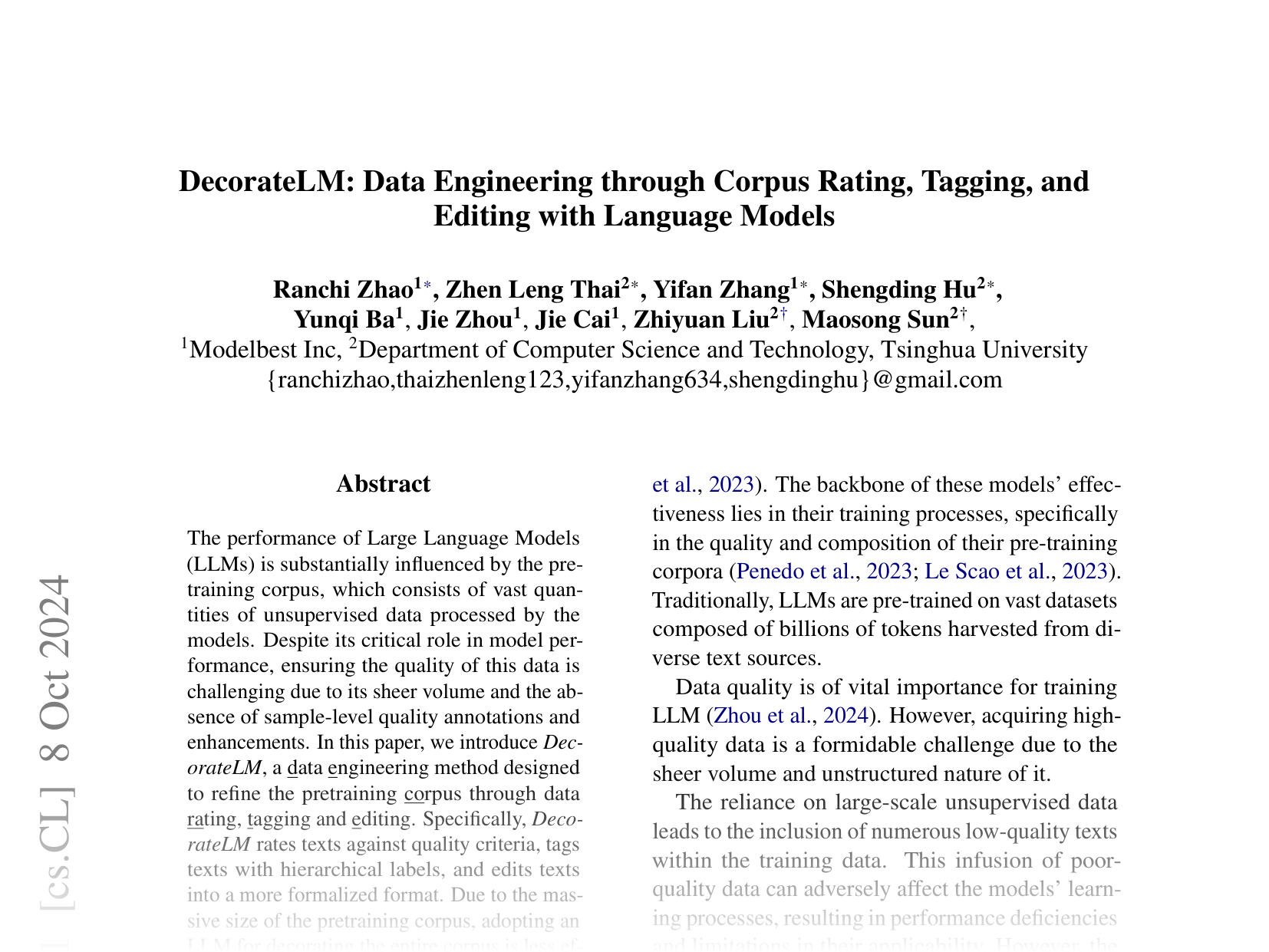 [DecorateLM: Data Engineering through Corpus Rating, Tagging, and Editing with Language Models 🔗](https://arxiv.org/abs/2410.05639)