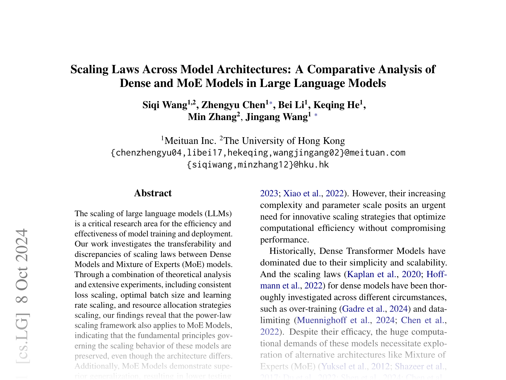 [Scaling Laws Across Model Architectures: A Comparative Analysis of Dense and MoE Models in Large Language Models 🔗](https://arxiv.org/abs/2410.05661)