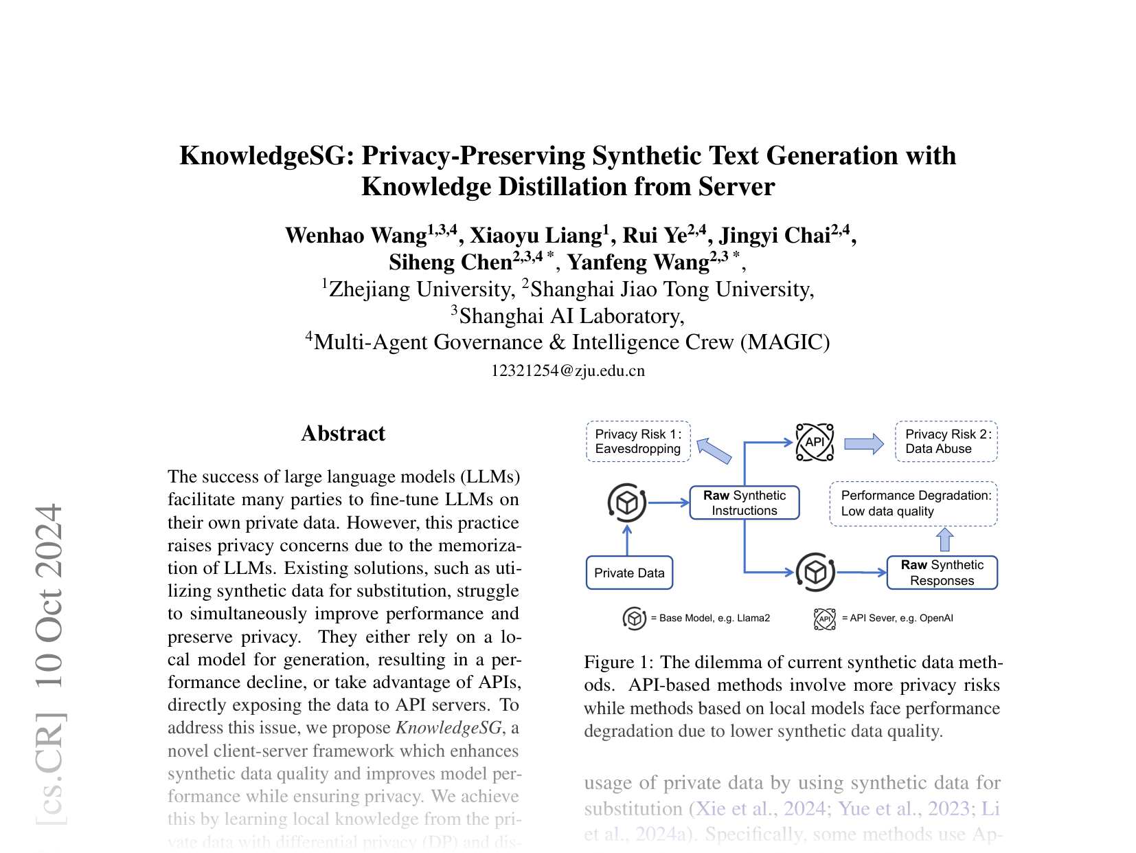 [KnowledgeSG: Privacy-Preserving Synthetic Text Generation with Knowledge Distillation from Server 🔗](https://arxiv.org/abs/2410.05725)