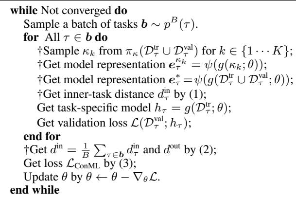 带有 ConML 的元训练流程,标注了新增的步骤。