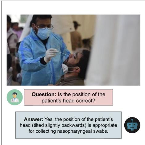 ERVQA 数据集的一个示例，展示了一位医生正在执行医疗程序。问题询问病人的头部位置是否正确。