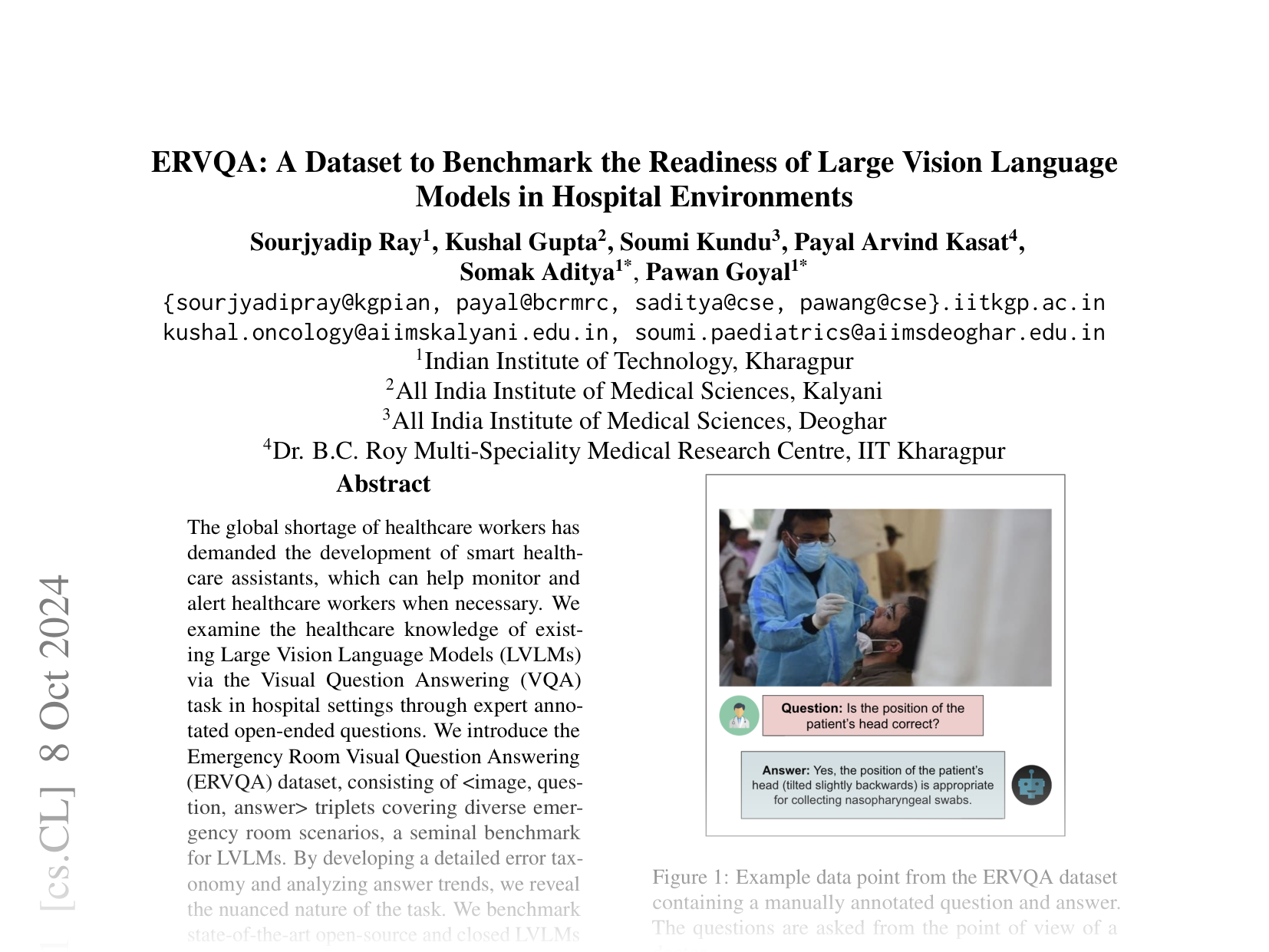 [ERVQA: A Dataset to Benchmark the Readiness of Large Vision Language Models in Hospital Environments 🔗](https://arxiv.org/abs/2410.06420)