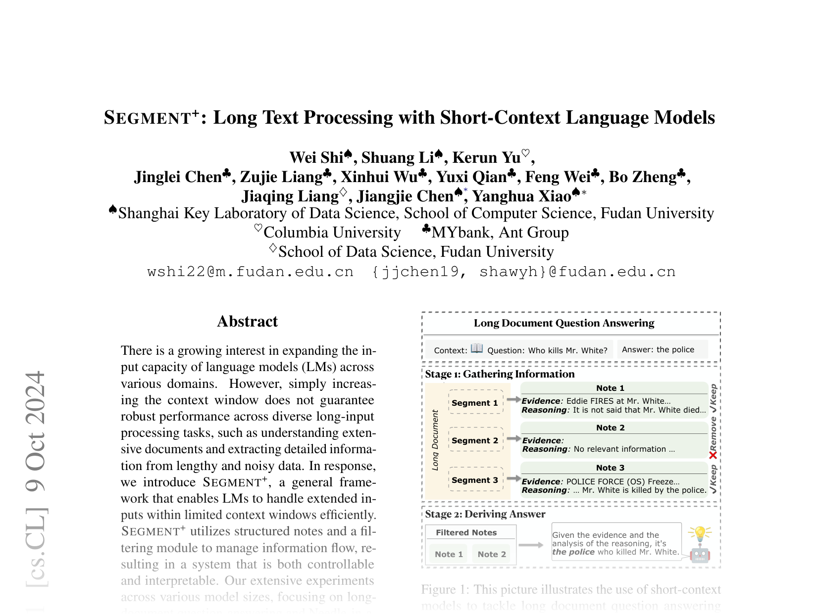 [SEGMENT+: Long Text Processing with Short-Context Language Models 🔗](https://arxiv.org/abs/2410.06519)
