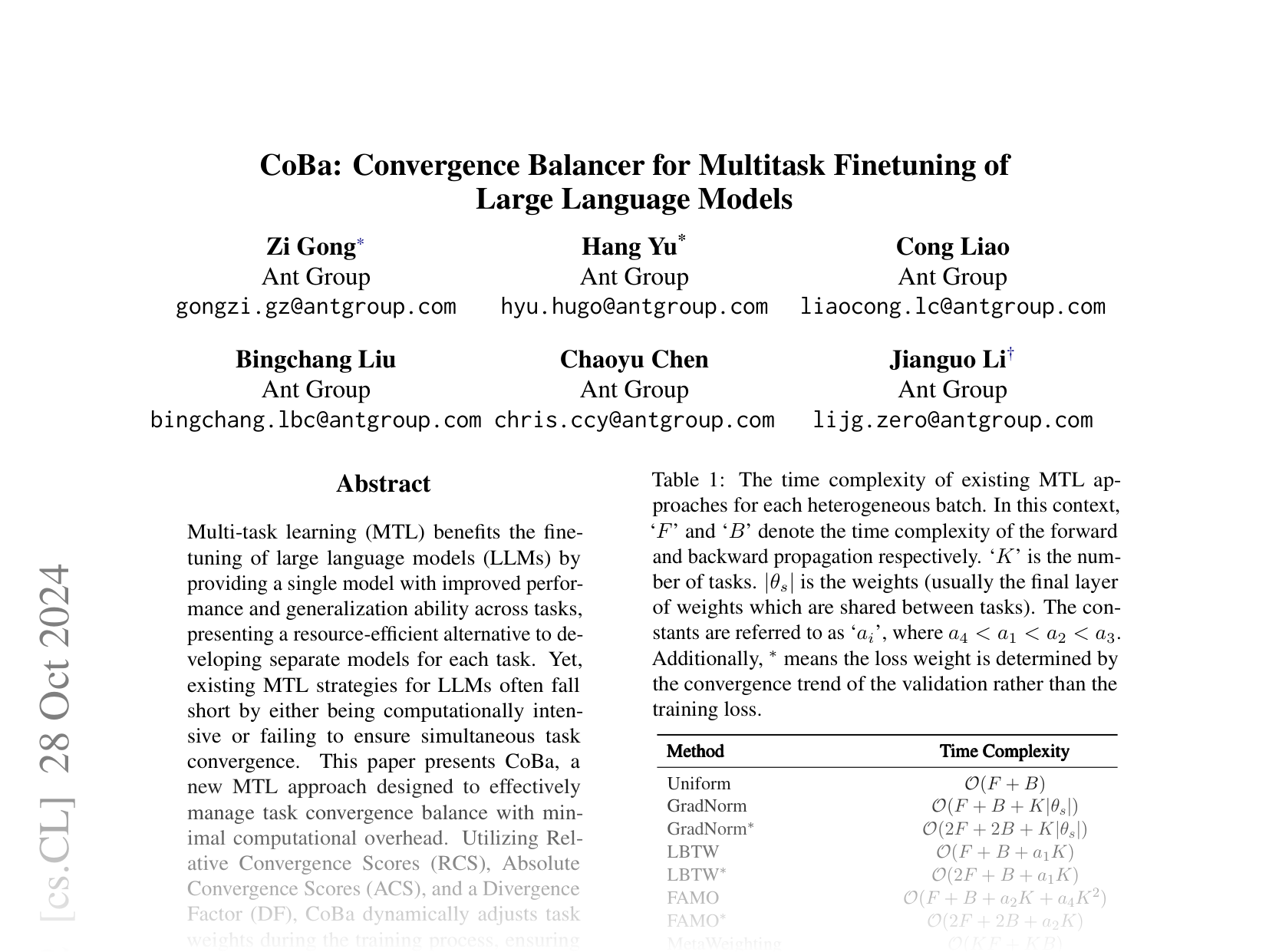 [CoBa: Convergence Balancer for Multitask Finetuning of Large Language Models 🔗](https://arxiv.org/abs/2410.06741)