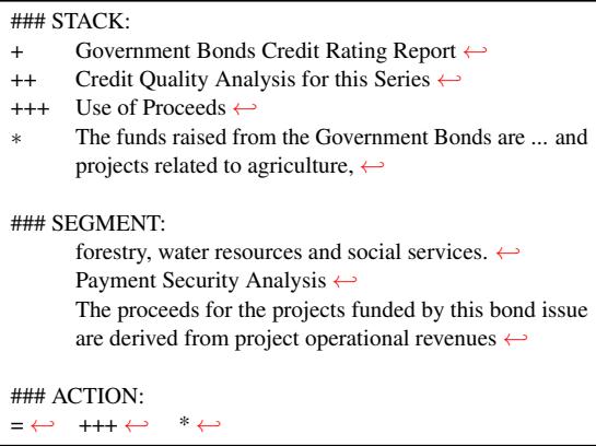 Table 1: A demonstration example of the model template in a single prediction step. It utilizes the global context stack and multi-segment multi-action strategy.