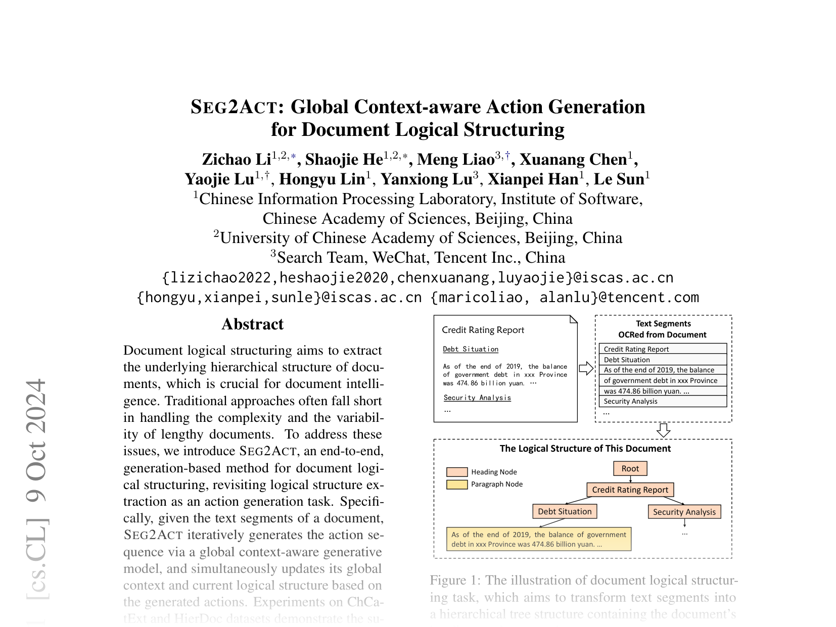 [SEG2ACT: Global Context-aware Action Generation for Document Logical Structuring 🔗](https://arxiv.org/abs/2410.06802)