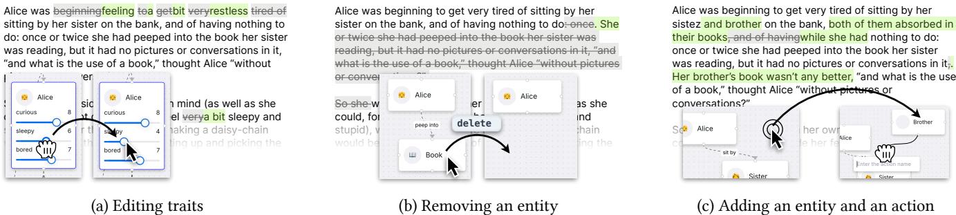 Three examples of editing in the entity view: (a) adjusting sliders for Alice’s traits, (b) deleting the ‘Book’ entity, and (c) adding a new ‘Brother’ entity and connecting him to Alice and her Sister.