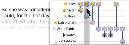 The timeline view in action. A user can hover over an event to highlight text, or drag an event to reposition it earlier or later in the story, which reorganizes the narrative.