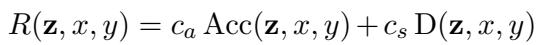 Equation for the reward function combining accuracy and softmax difference.