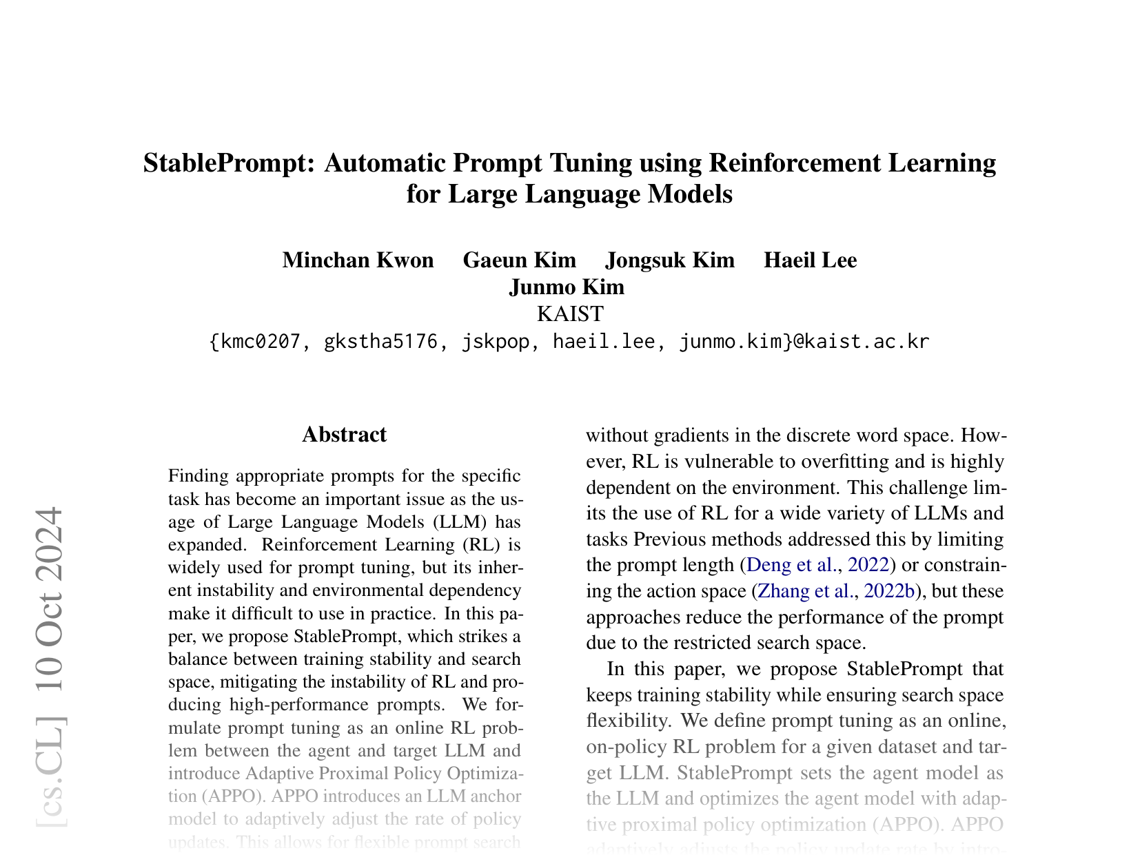 [StablePrompt: Automatic Prompt Tuning using Reinforcement Learning for Large Language Models 🔗](https://arxiv.org/abs/2410.07652)