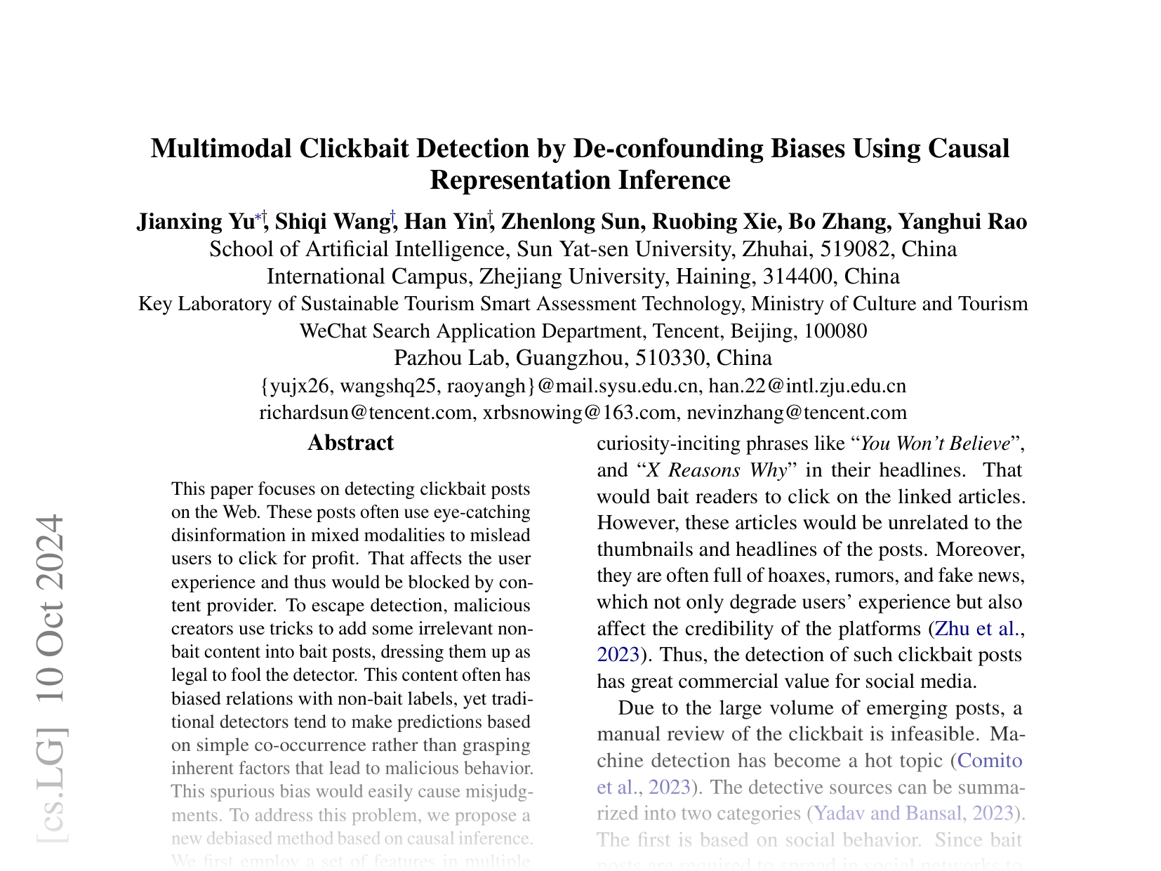 [Multimodal Clickbait Detection by De-confounding Biases Using Causal Representation Inference 🔗](https://arxiv.org/abs/2410.07673)