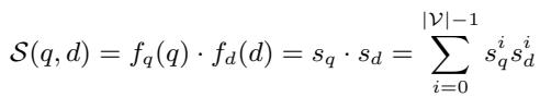 公式 1: 查询和文档之间的相似度计算为两个对应稀疏向量的点积。