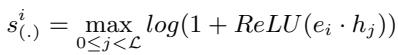 公式 2: 根据所有 token 隐藏状态中的最大激活值计算第 i 个词汇项的权重。