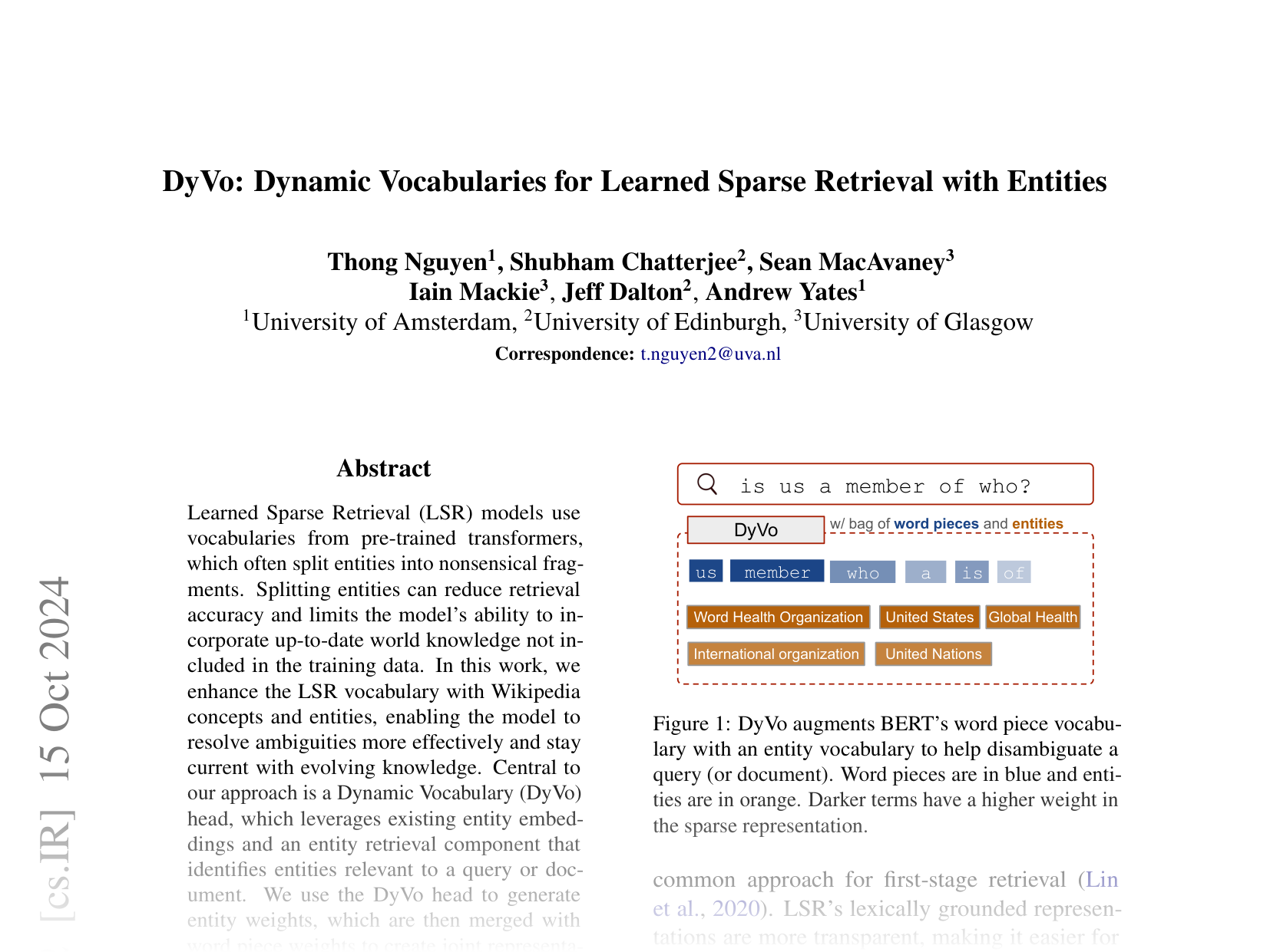 [DyVo: Dynamic Vocabularies for Learned Sparse Retrieval with Entities 🔗](https://arxiv.org/abs/2410.07722)