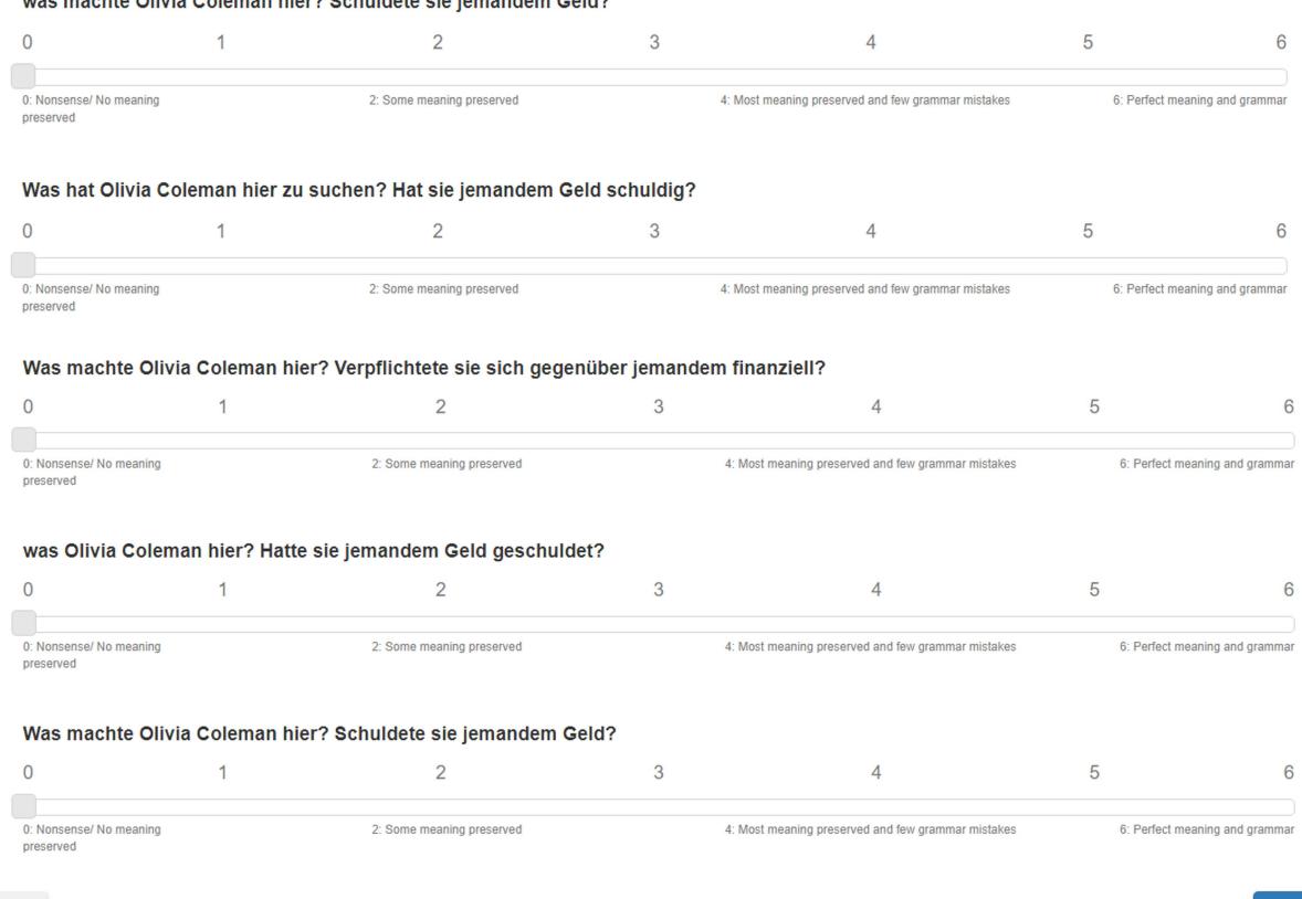 语言学家用于对翻译进行评分的标注界面，评分范围为 0 到 6。
