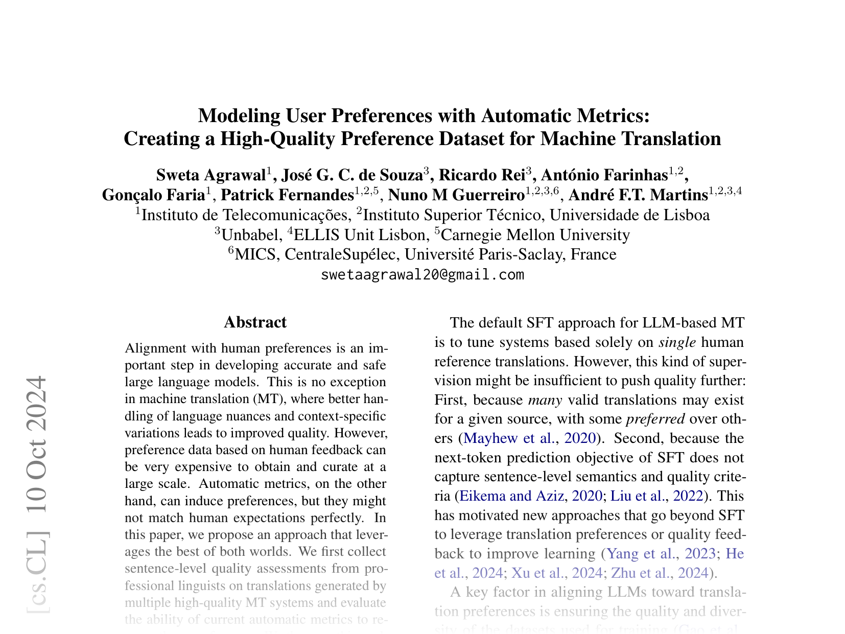 [Modeling User Preferences with Automatic Metrics: Creating a High-Quality Preference Dataset for Machine Translation 🔗](https://arxiv.org/abs/2410.07779)