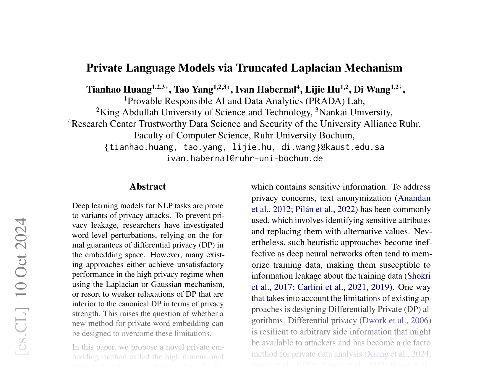 [Private Language Models via Truncated Laplacian Mechanism 🔗](https://arxiv.org/abs/2410.08027)