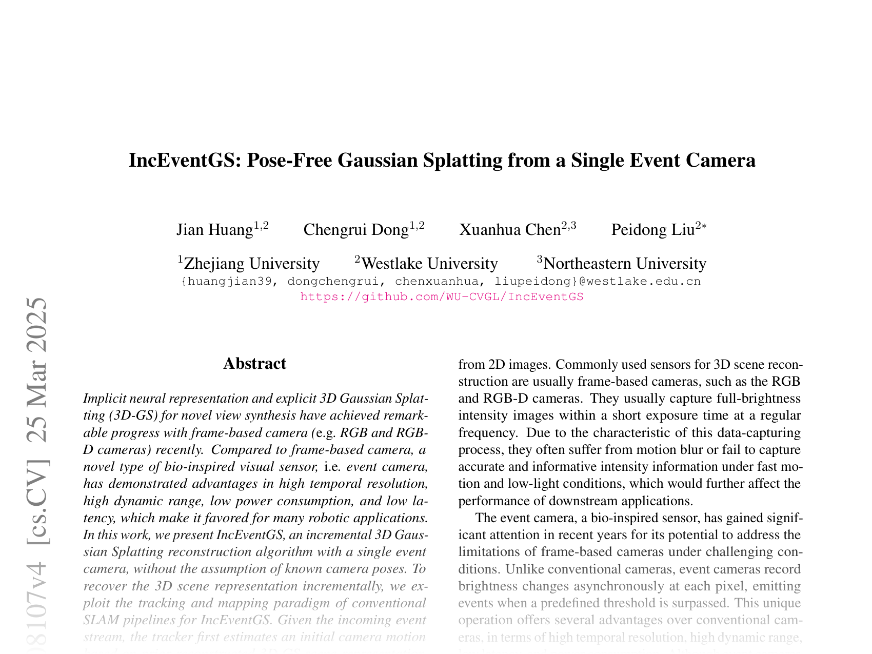 [IncEventGS: Pose-Free Gaussian Splatting from a Single Event Camera 🔗](https://arxiv.org/abs/2410.08107)