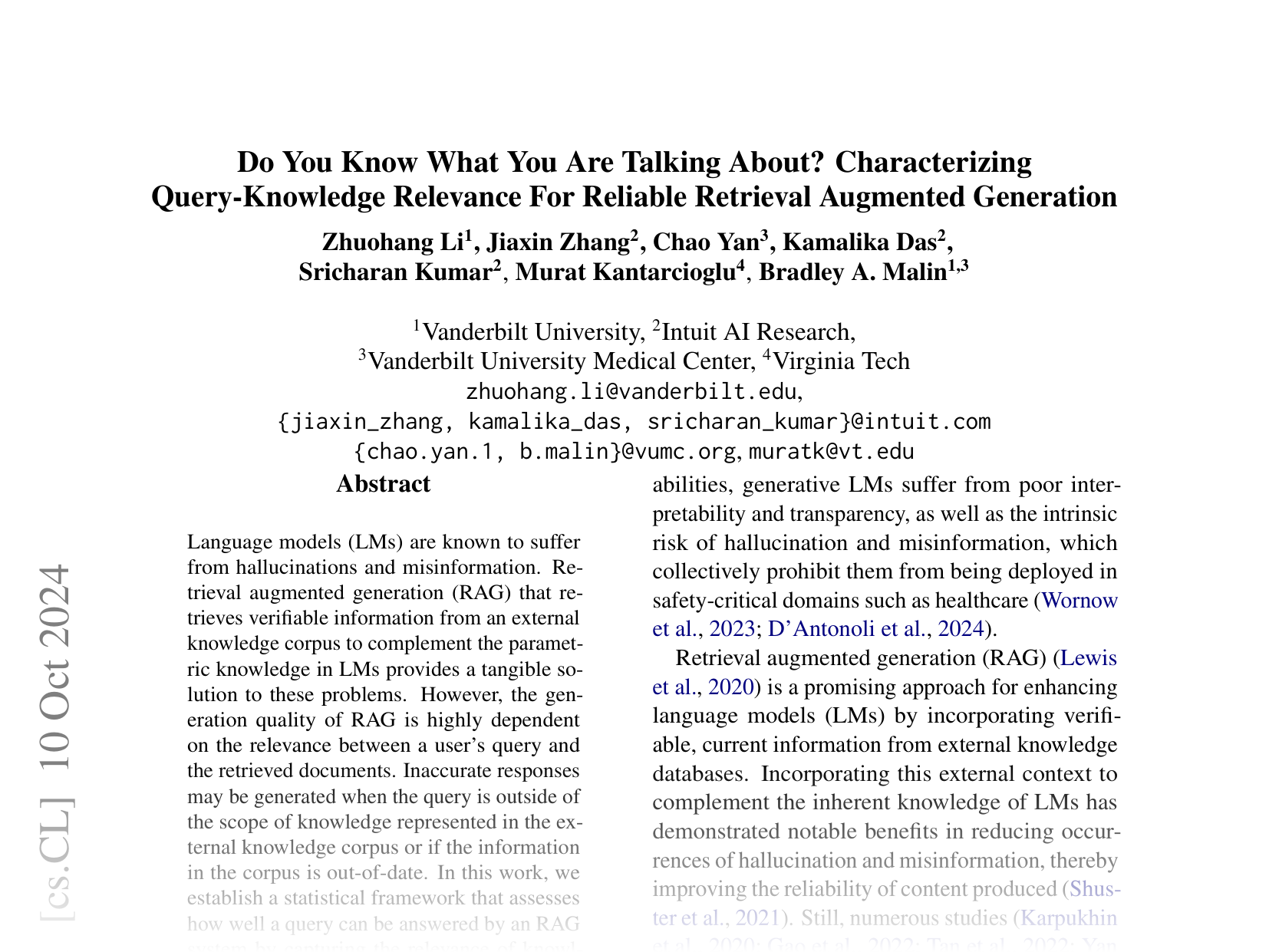 [Do You Know What You Are Talking About? Characterizing Query-Knowledge Relevance For Reliable Retrieval Augmented Generation 🔗](https://arxiv.org/abs/2410.08320)