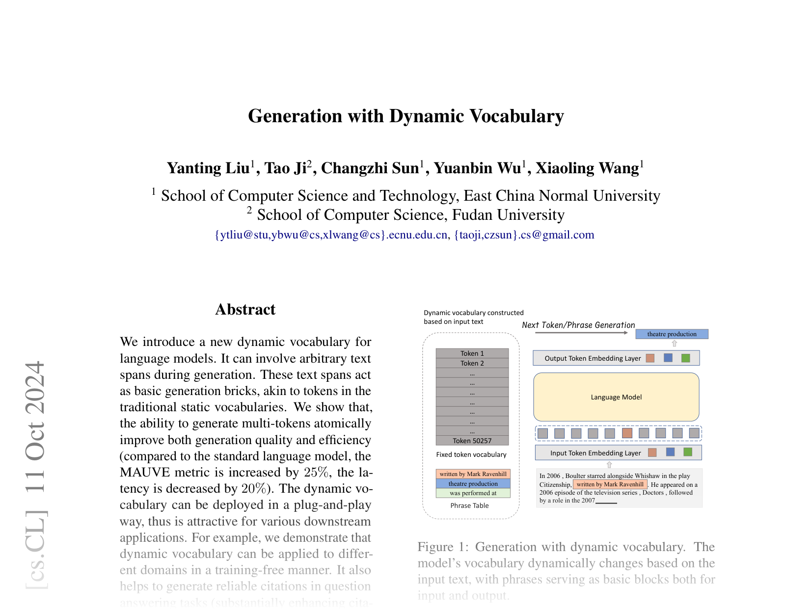 [Generation with Dynamic Vocabulary 🔗](https://arxiv.org/abs/2410.08481)