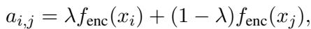 展示插值公式的方程，其中锚点 a_i,j 是 x_i 和 x_j 编码器表征的加权和，由 lambda 控制。