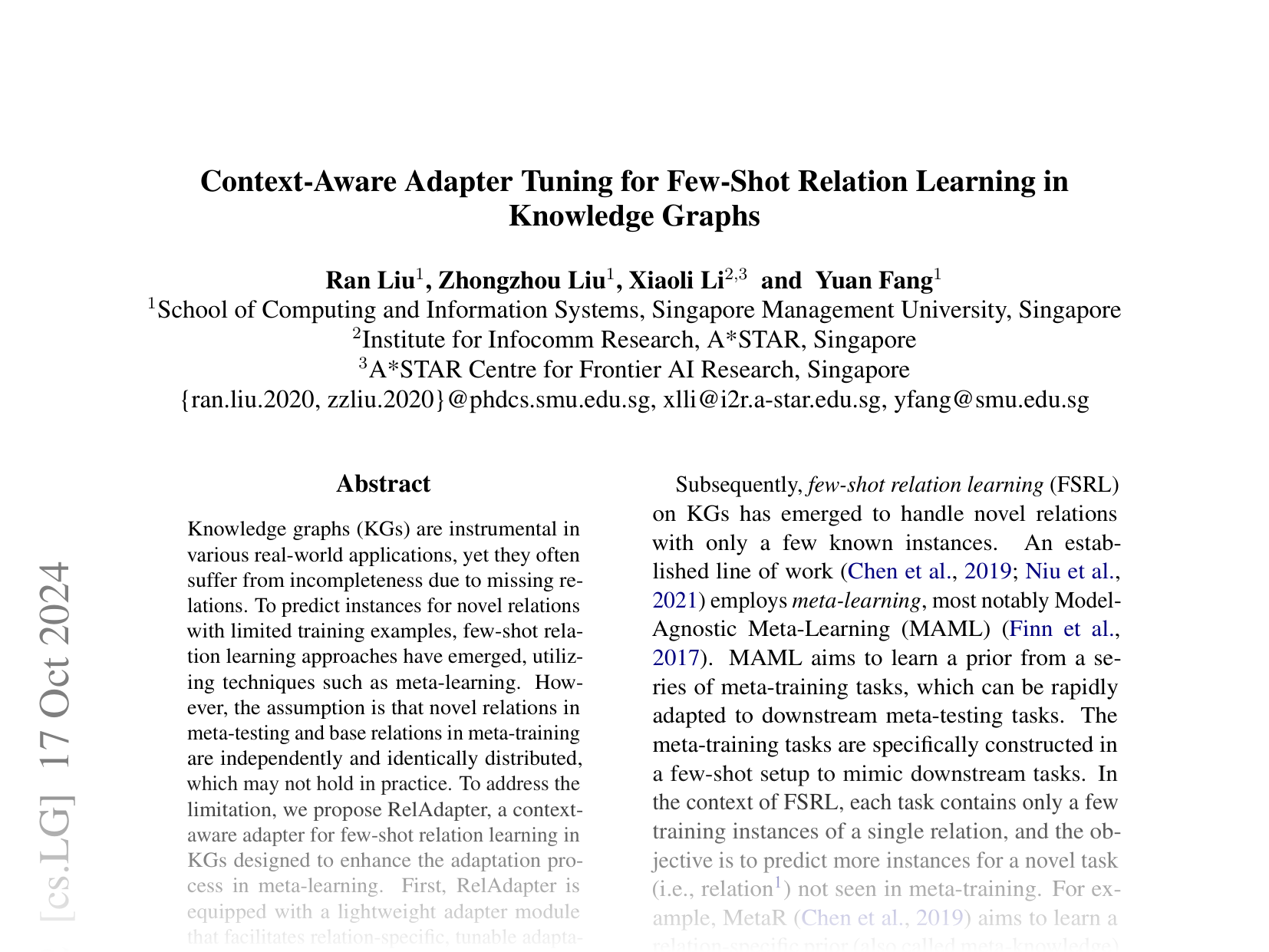 [Context-Aware Adapter Tuning for Few-Shot Relation Learning in Knowledge Graphs 🔗](https://arxiv.org/abs/2410.09123)