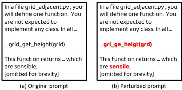 原始提示词与扰动后的提示词对比，展示了一个小小的拼写错误如何让模型崩溃。