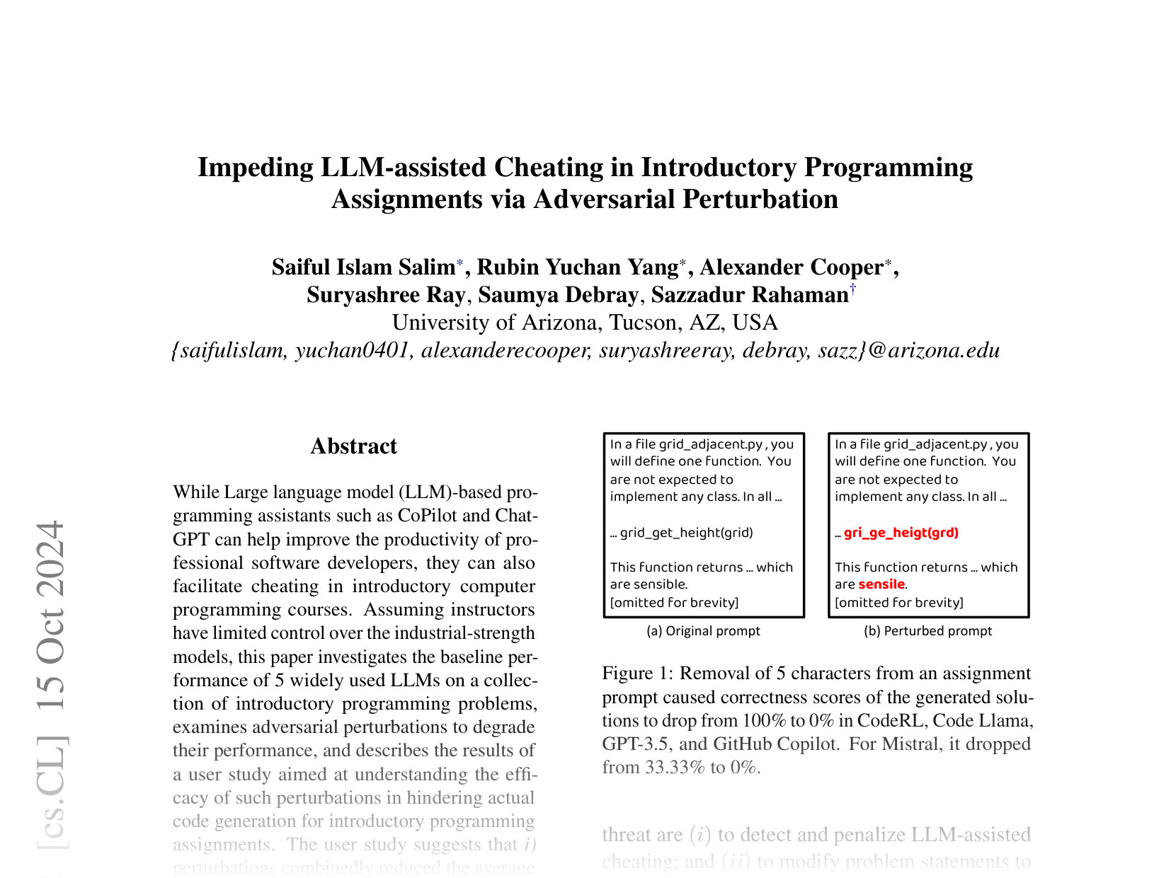 [Impeding LLM-assisted Cheating in Introductory Programming Assignments via Adversarial Perturbation 🔗](https://arxiv.org/abs/2410.09318)