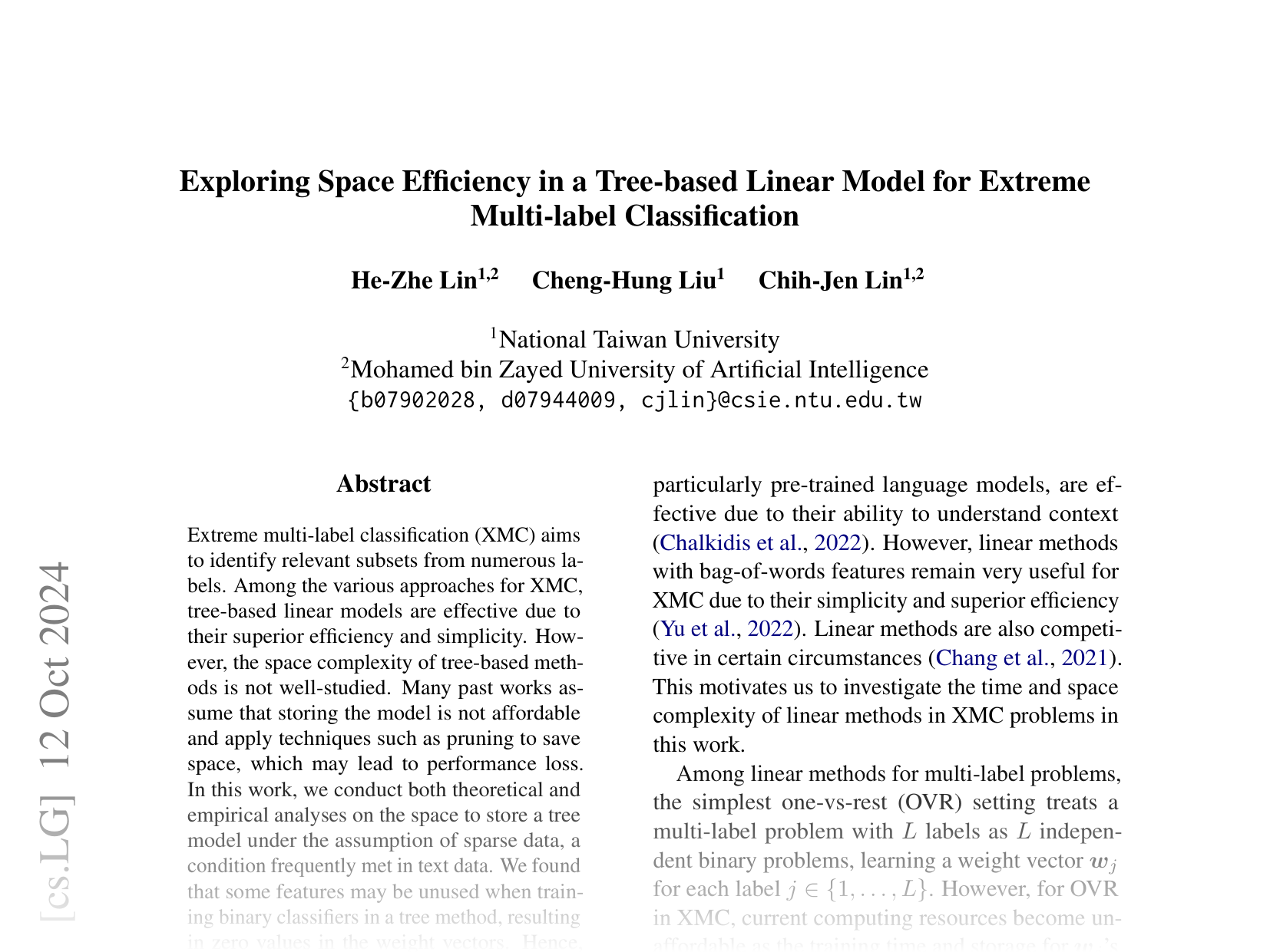 [Exploring Space Efficiency in a Tree-based Linear Model for Extreme Multilabel Classification 🔗](https://arxiv.org/abs/2410.09554)
