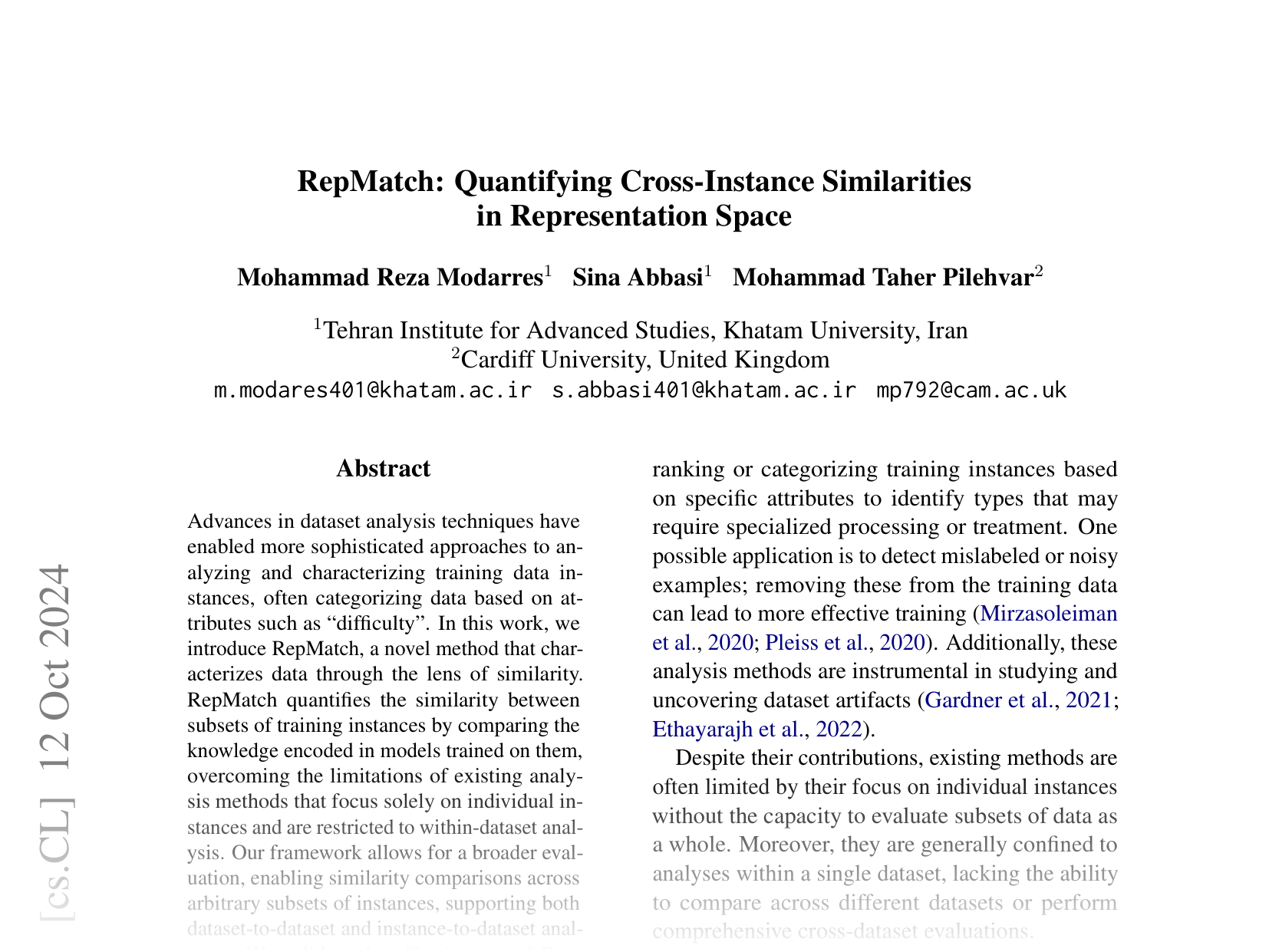 [RepMatch: Quantifying Cross-Instance Similarities in Representation Space 🔗](https://arxiv.org/abs/2410.09642)