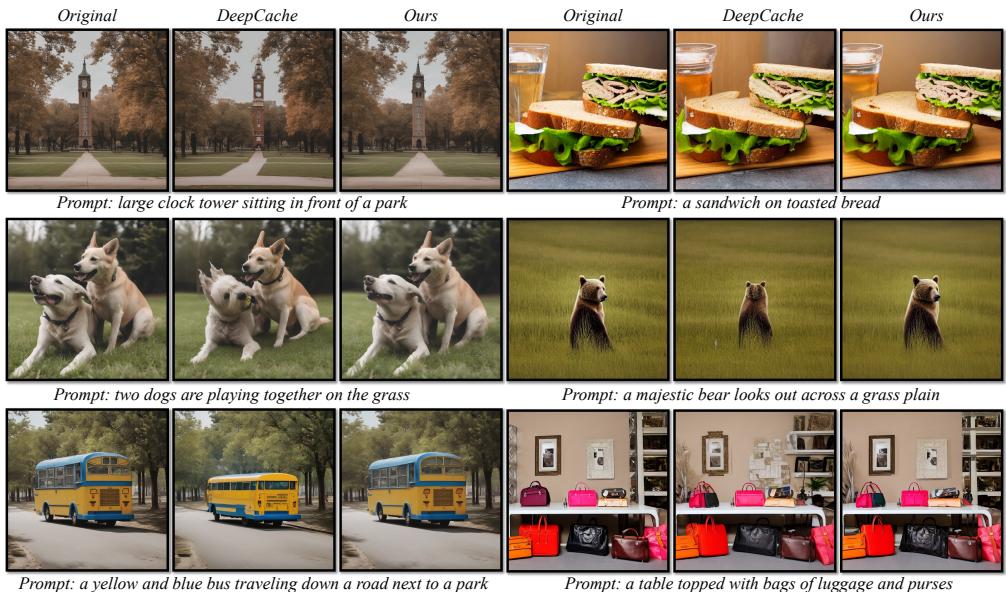 Qualitative comparison of text-to-image generation. The images generated by AdaptiveDiffusion (“Ours”) are visually much closer to the “Original” than those from DeepCache, especially in preserving fine details and textures.