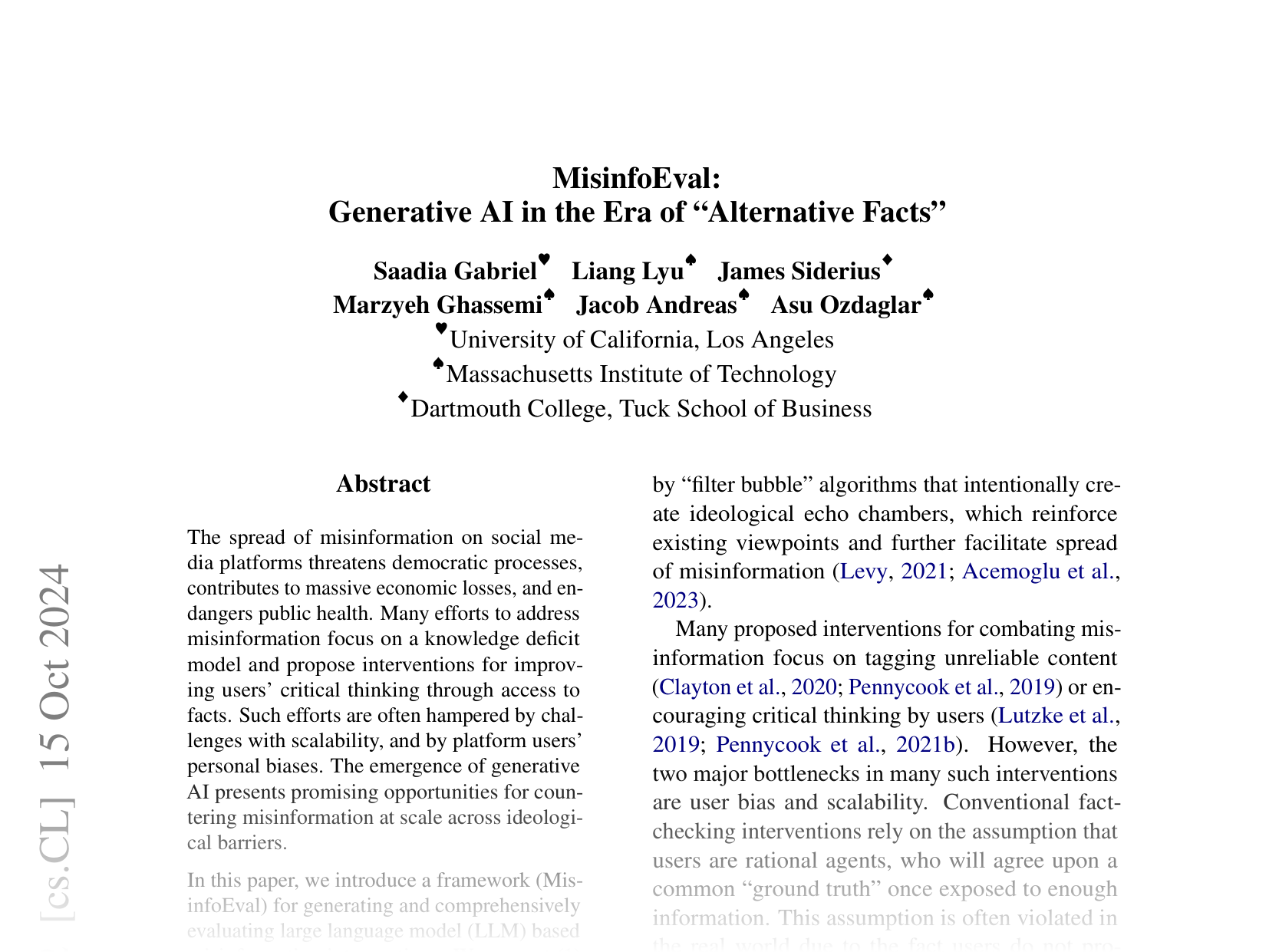 [MisinfoEval: Generative AI in the Era of 'Alternative Facts' 🔗](https://arxiv.org/abs/2410.09949)