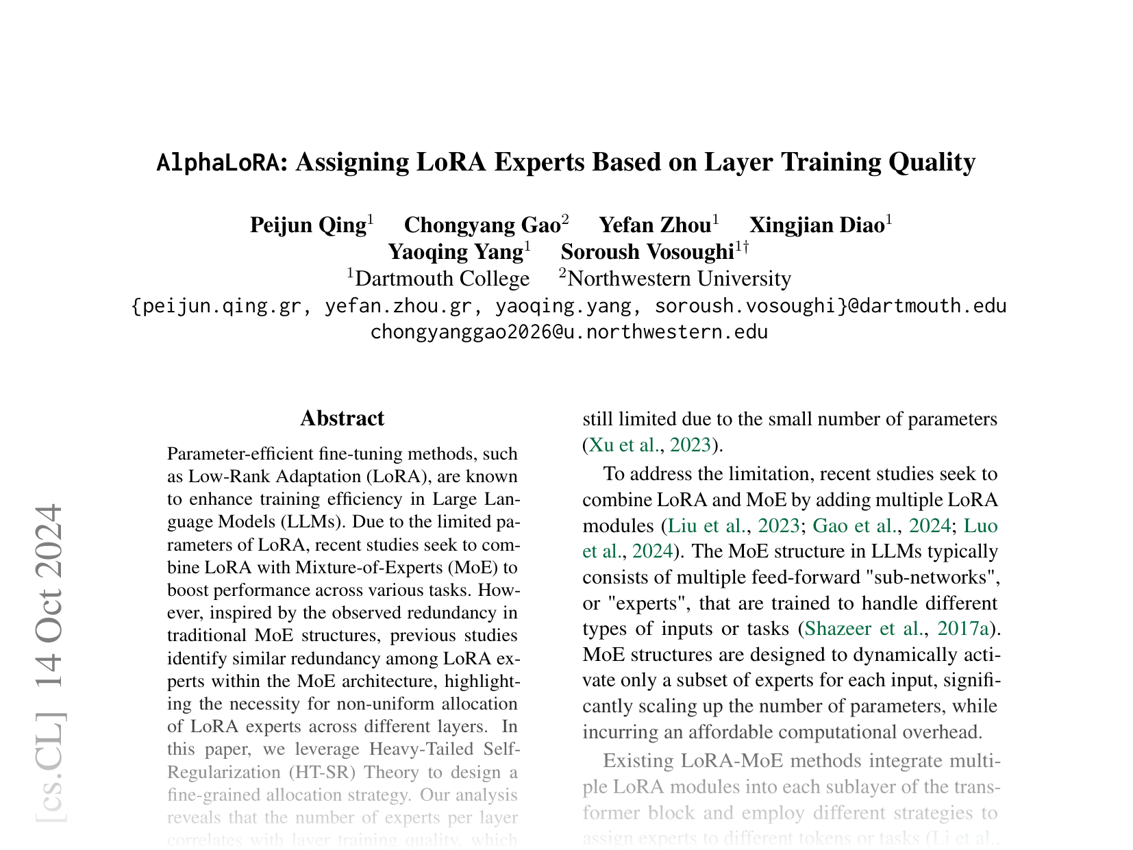 [AlphaLoRA: Assigning LoRA Experts Based on Layer Training Quality 🔗](https://arxiv.org/abs/2410.10054)