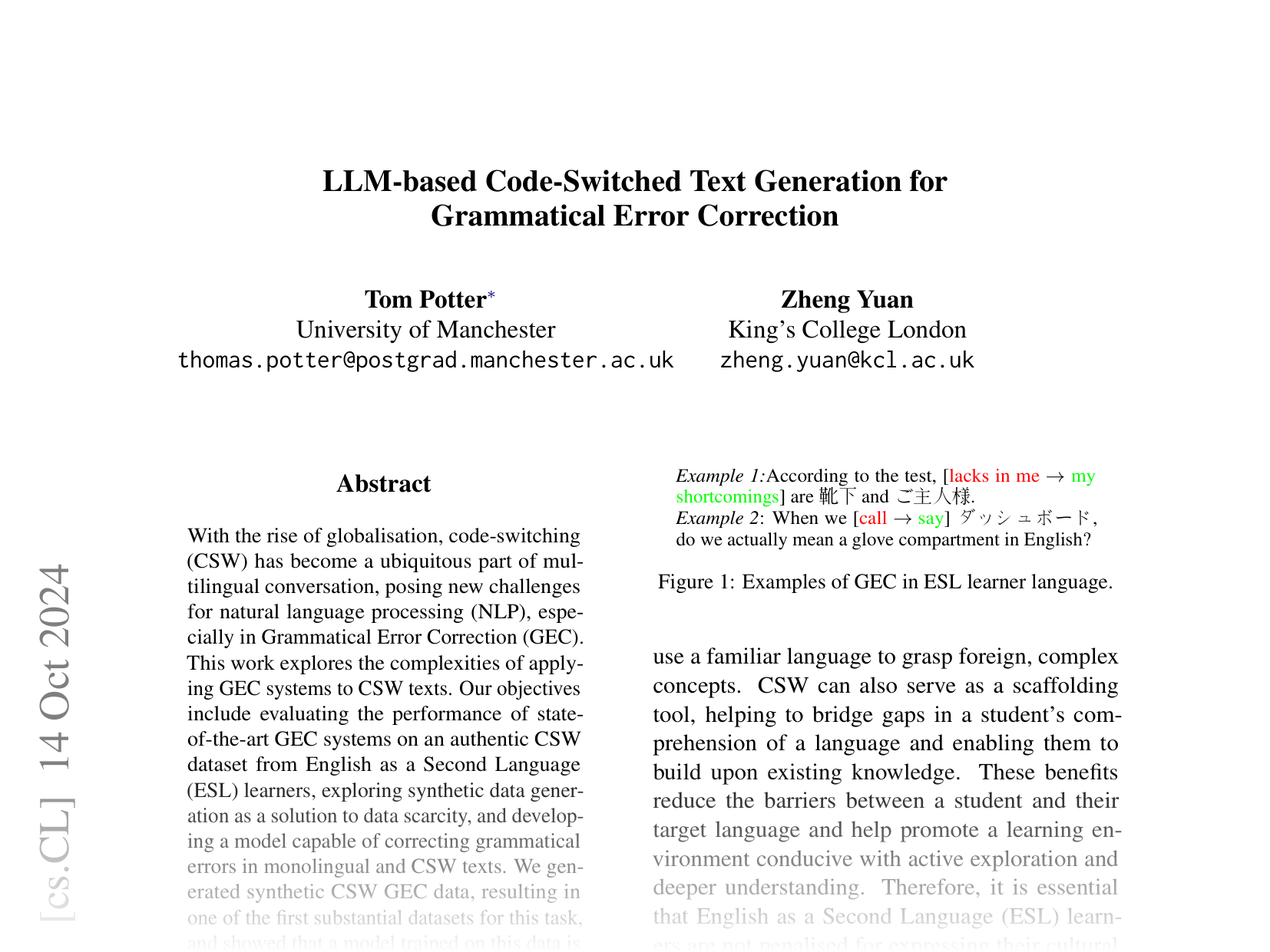 [LLM-based Code-Switched Text Generation for Grammatical Error Correction 🔗](https://arxiv.org/abs/2410.10349)