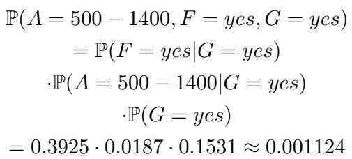 ]\n\\begin{array} { r l } & { \\mathbb { P } ( A = 5 0 0 - 1 4 0 0 , F = y e s , G = y e s ) } \\ & { \\qquad = \\mathbb { P } ( F = y e s | G = y e s ) } \\ & { \\qquad \\cdot \\mathbb { P } ( A = 5 0 0 - 1 4 0 0 | G = y e s ) } \\ & { \\qquad \\cdot \\mathbb { P } ( G = y e s ) } \\ & { = 0 . 3 9 2 5 \\cdot 0 . 0 1 8 7 \\cdot 0 . 1 5 3 1 \\approx 0 . 0 0 1 1 2 4 } \\end{array}\n[