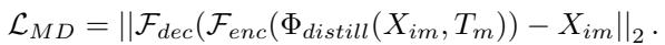 Equation for Modality-wise Data Distillation Loss. It measures the reconstruction error when the input is masked and filled with the learnable modality template.