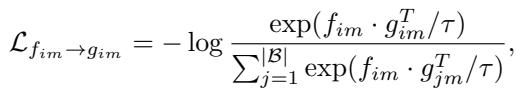 Equation for Contrastive Learning Loss. It uses a log-sum-exp formulation to maximize similarity between positive pairs (masked with modality vs masked with template) and minimize similarity with negative pairs.