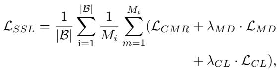 Equation for the total Self-Supervised Learning Loss. It sums the Cross-Modal Reconstruction, Data Distillation, and Contrastive Learning losses.