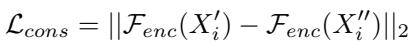 Equation for Consistency Loss during fine-tuning. It minimizes the L2 distance between features of two different augmented copies of the input.