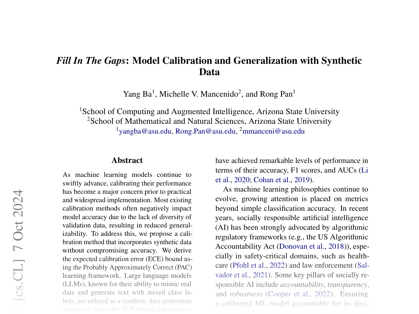 [Fill In The Gaps: Model Calibration and Generalization with Synthetic Data 🔗](https://arxiv.org/abs/2410.10864)