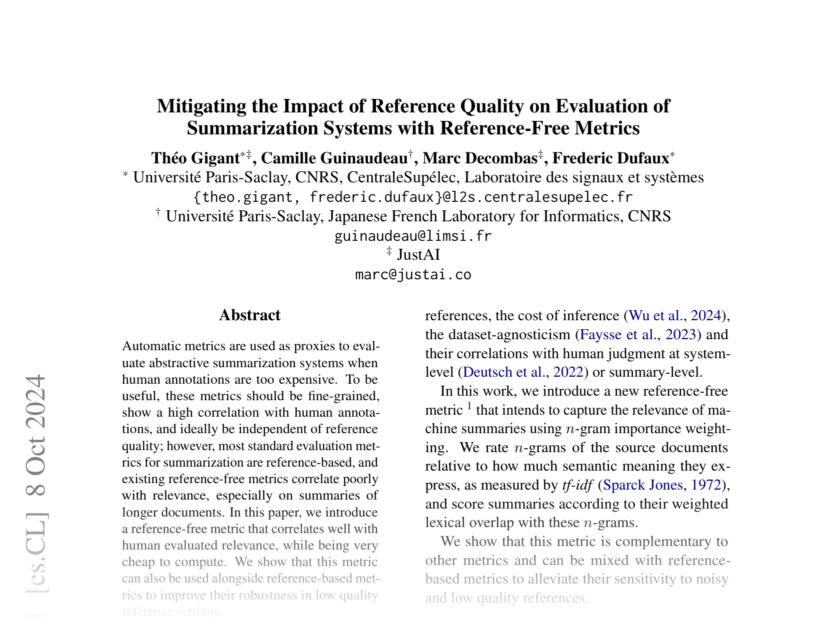 [Mitigating the Impact of Reference Quality on Evaluation of Summarization Systems with Reference-Free Metrics 🔗](https://arxiv.org/abs/2410.10867)