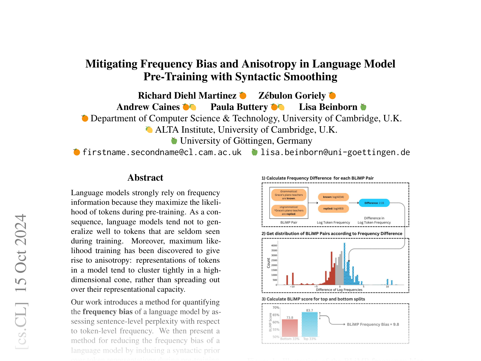 [Mitigating Frequency Bias and Anisotropy in Language Model Pre-Training with Syntactic Smoothing 🔗](https://arxiv.org/abs/2410.11462)