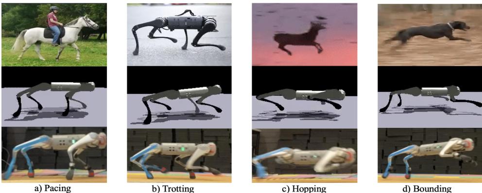 Figure 1: SDS&rsquo;s ability to imitate demonstrated skills (top), in simulation (center), and real-world (bottom). The blue tape corresponds to the rear legs, and the red tape to the left-side legs.