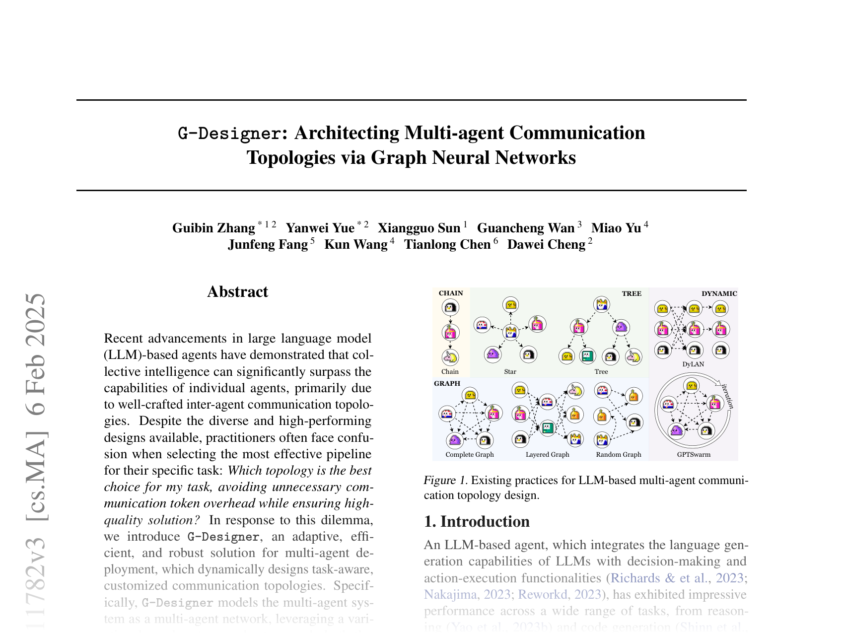 [G-Designer: Architecting Multi-agent Communication Topologies via Graph Neural Networks 🔗](https://arxiv.org/abs/2410.11782)