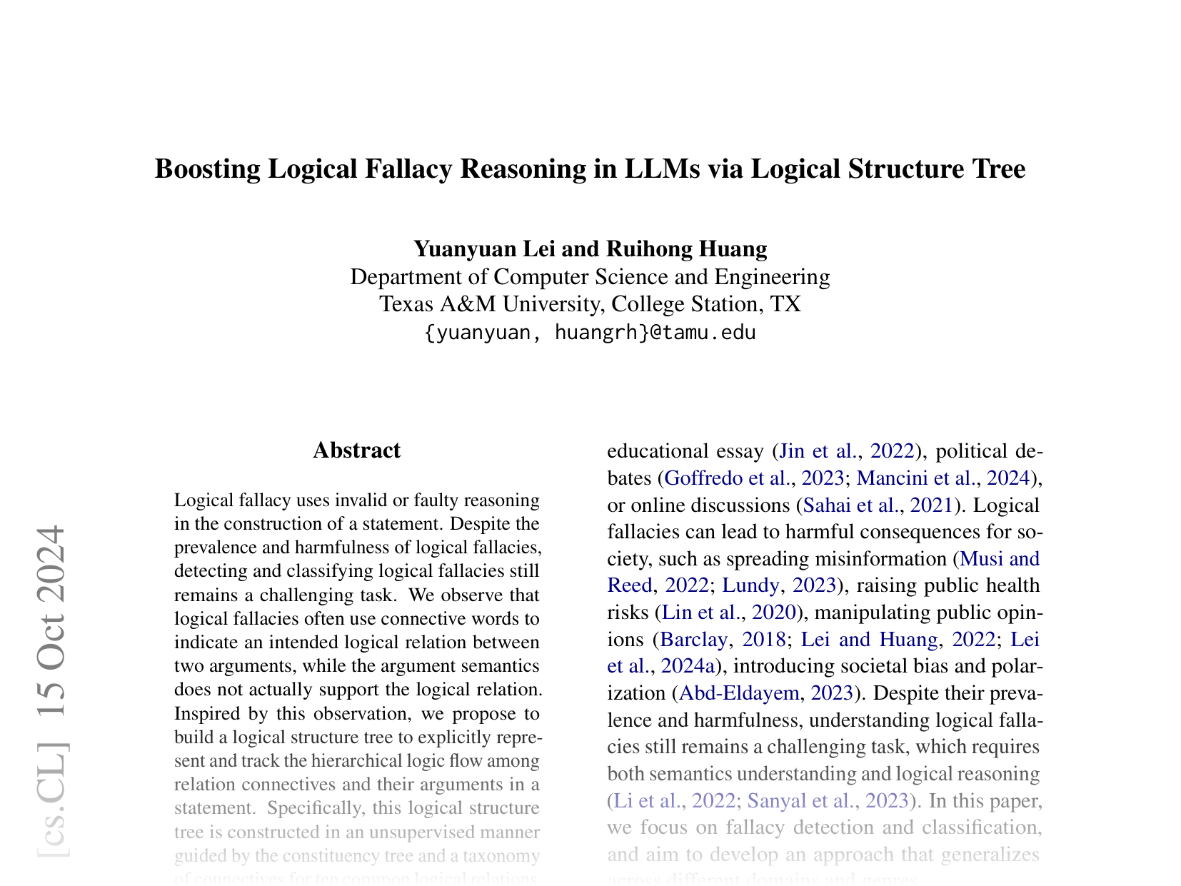 [Boosting Logical Fallacy Reasoning in LLMs via Logical Structure Tree 🔗](https://arxiv.org/abs/2410.12048)