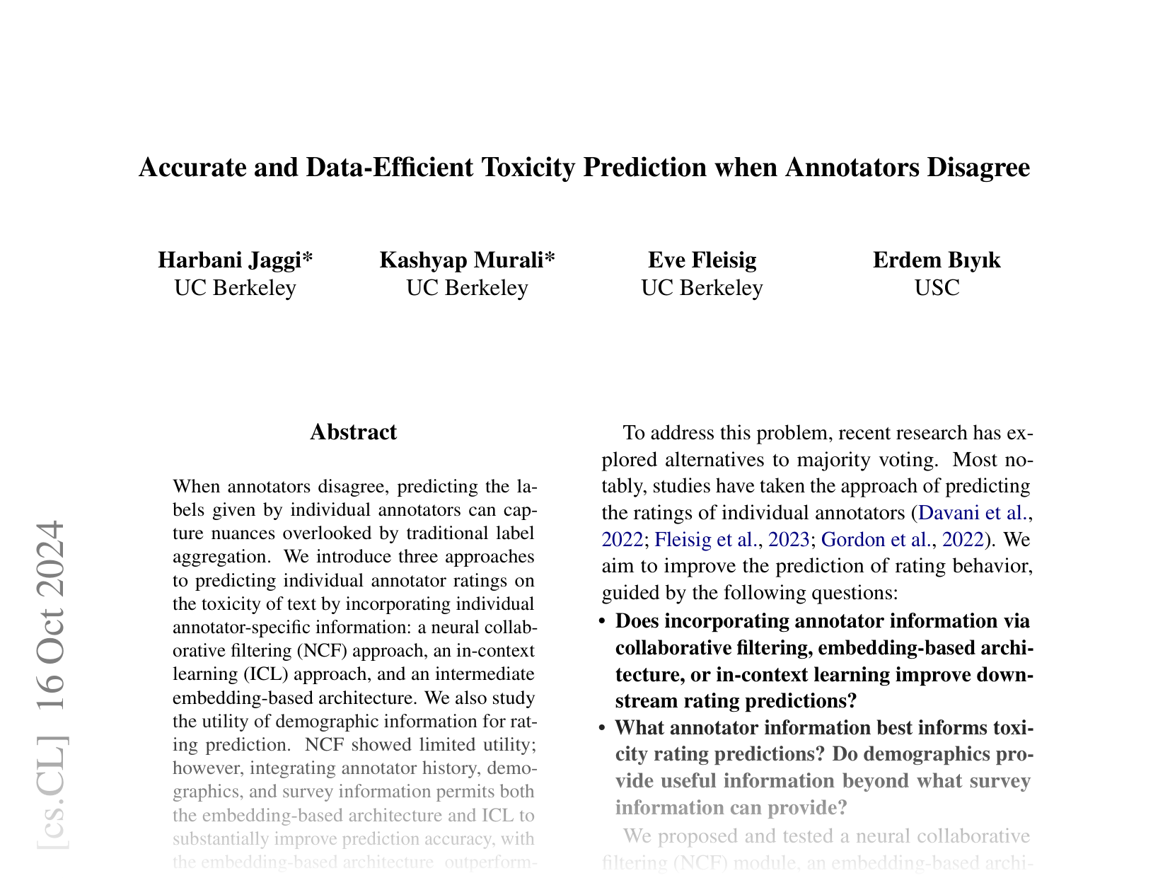 [Accurate and Data-Efficient Toxicity Prediction when Annotators Disagree 🔗](https://arxiv.org/abs/2410.12217)