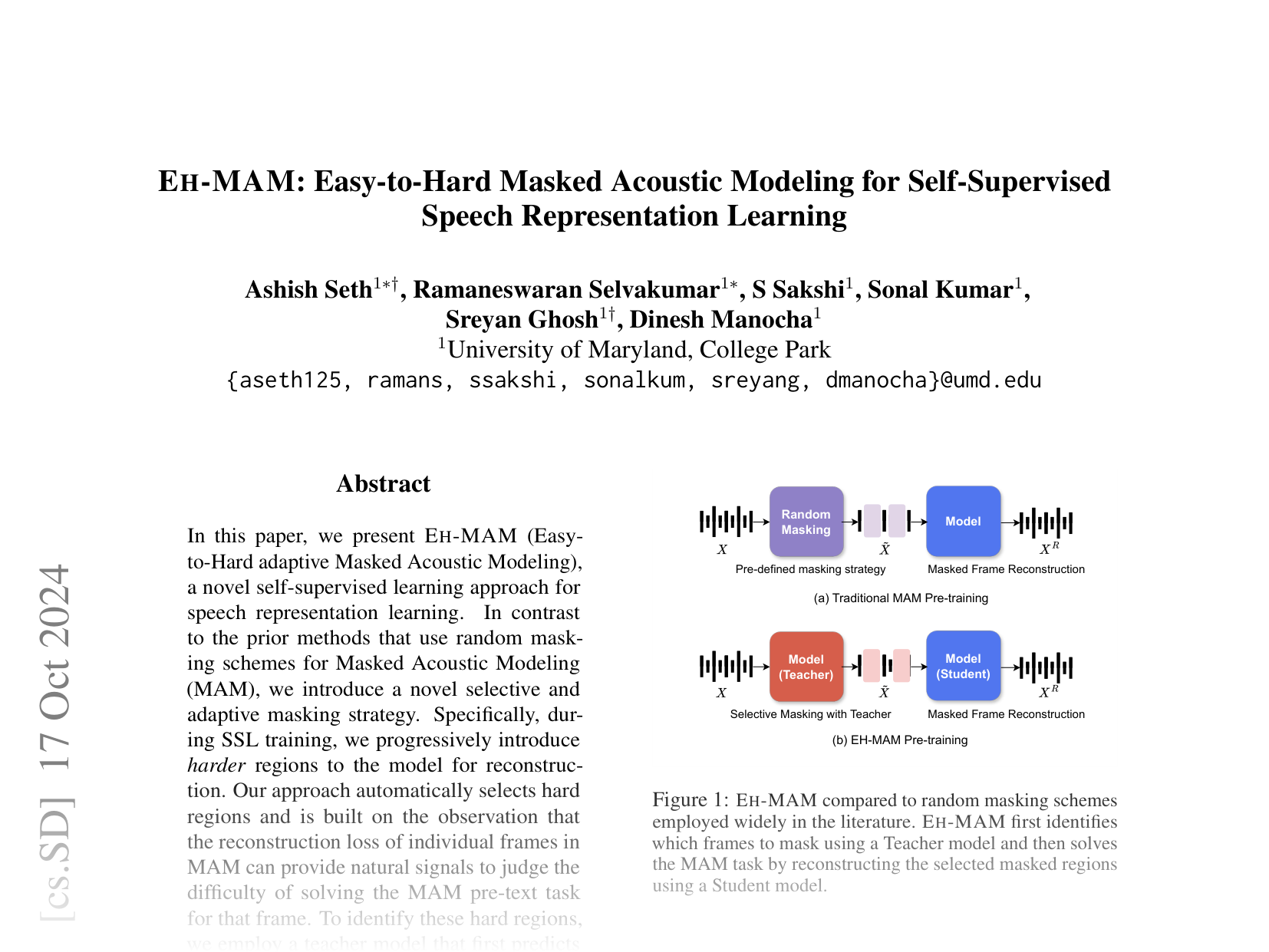 [EH-MAM: Easy-to-Hard Masked Acoustic Modeling for Self-Supervised Speech Representation Learning 🔗](https://arxiv.org/abs/2410.13179)