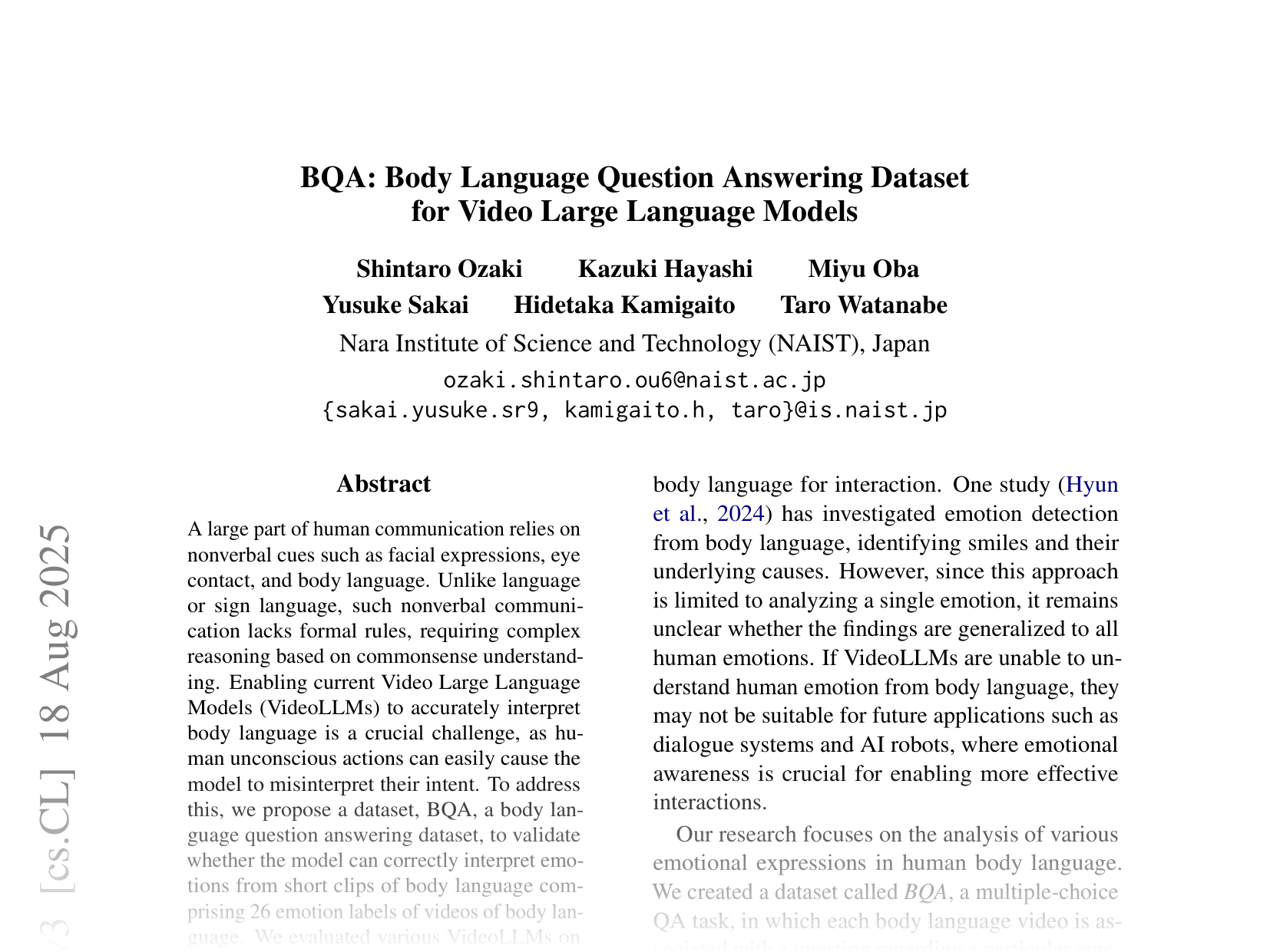 [BQA: Body Language Question Answering Dataset for Video Large Language Models 🔗](https://arxiv.org/abs/2410.13206)
