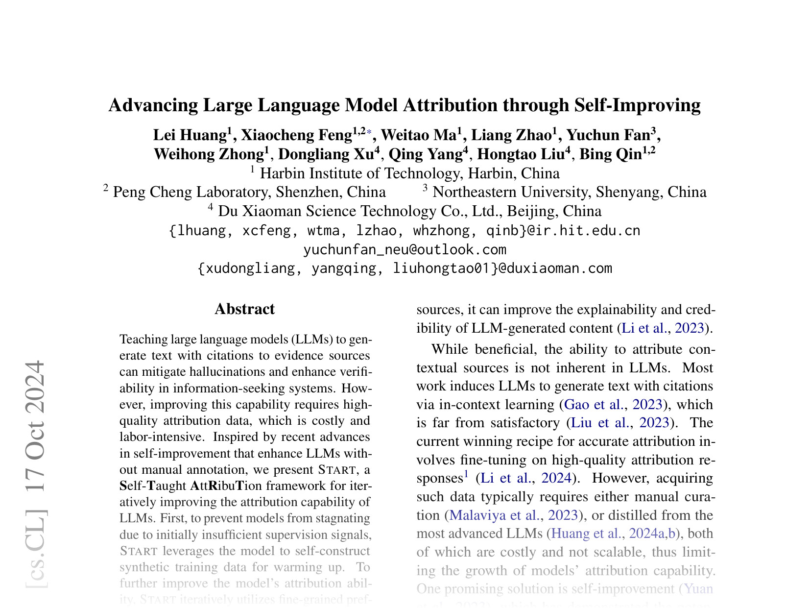 [Advancing Large Language Model Attribution through Self-Improving 🔗](https://arxiv.org/abs/2410.13298)